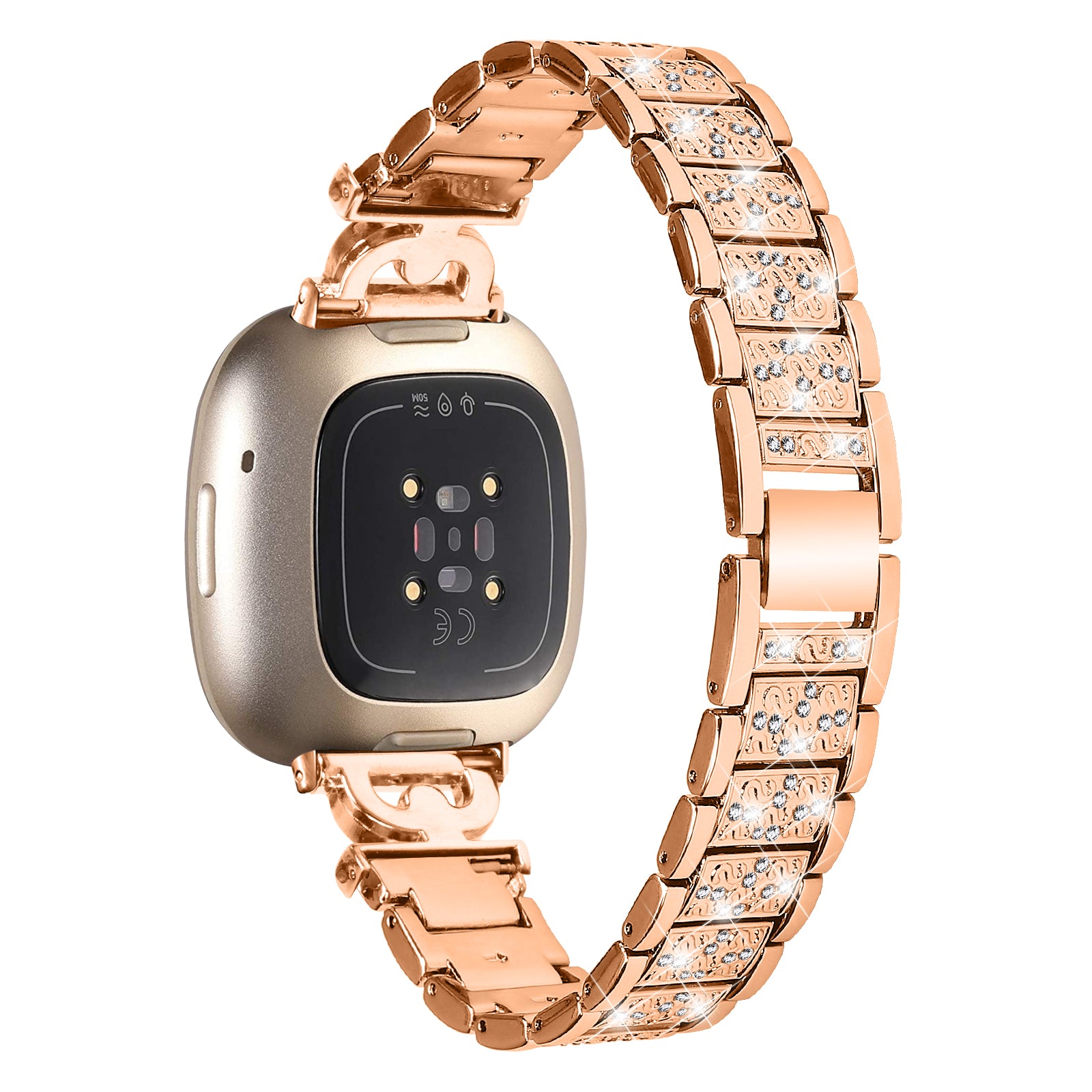 3-Bead Rhinestone Decor Smartwatch Strap for Fitbit Versa 3 Sense Stainless Steel Watch Band Replacement 3-Bead Rhinestone Decor Smartwatch Strap for Fitbit Versa 3 Sense Stainless Steel Watch Band Replacement